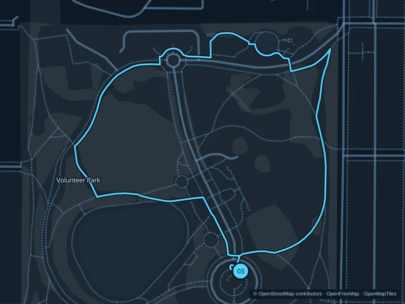 Map of the 1.3 km Volunteer Park run, with start and finish marked 03.