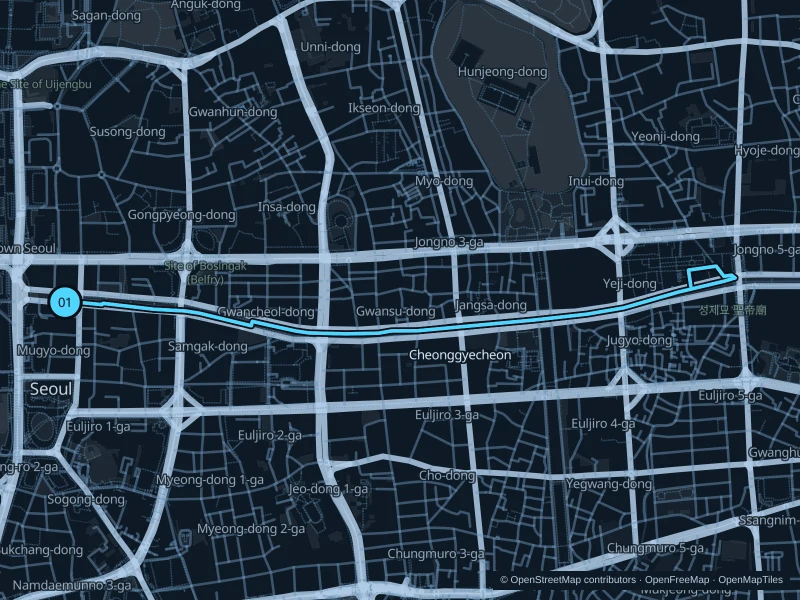 Map of the 4.6 km Cheonggyecheon run, with start and finish marked 01.
