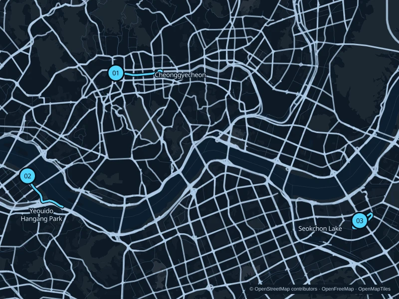 Map of Seoul with three numbered running-route starts.