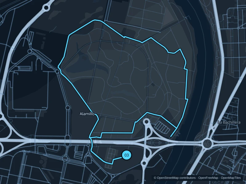 Map of the 4.8 km Parque del Alamillo run, with start and finish marked 03.