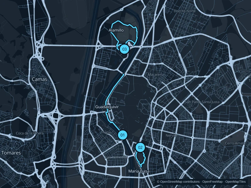 Map of Seville with three numbered running-route starts.