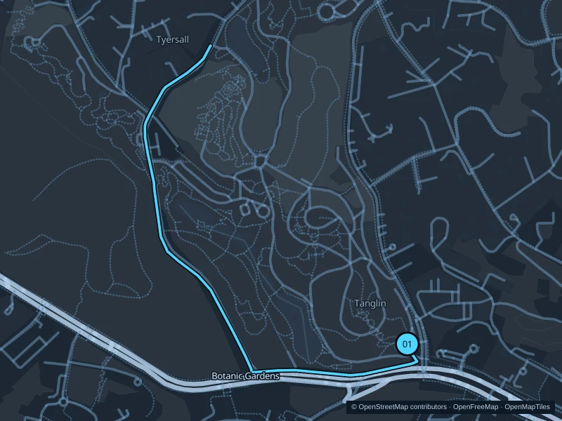 Map of the 3.1 km Singapore Botanic Gardens run, with start and finish marked 01.