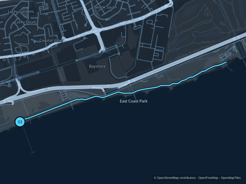 Map of the 4.9 km East Coast Park run, with start and finish marked 03.