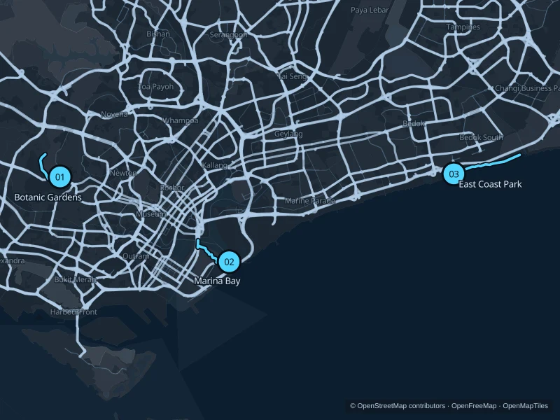 Map of Singapore with three numbered running-route starts.