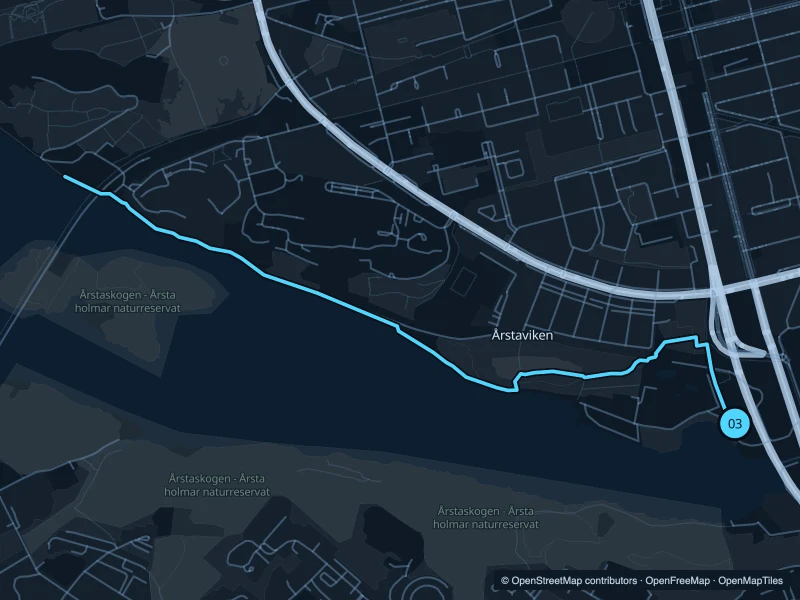 Map of the 4.7 km Årstaviken run, with start and finish marked 03.