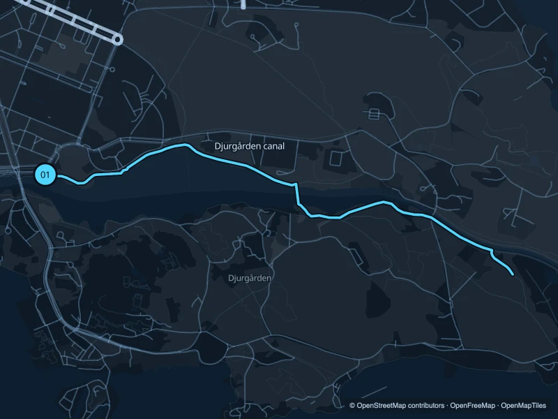 Map of the 5.7 km Djurgården canal run, with start and finish marked 01.