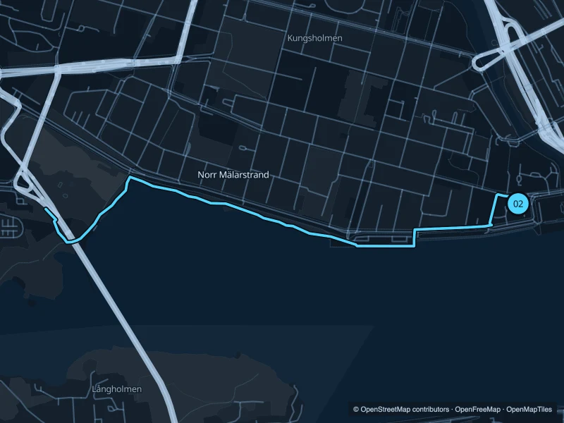Map of the 4.1 km Norr Mälarstrand run, with start and finish marked 02.