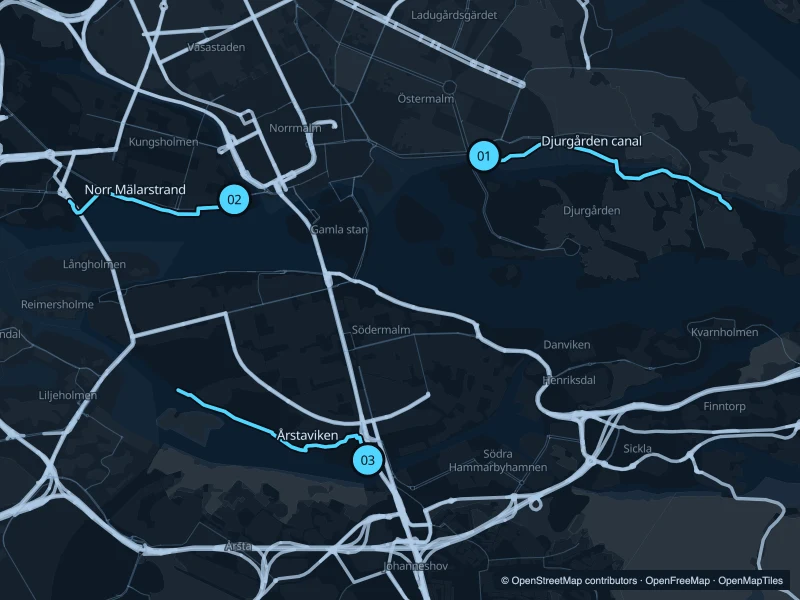 Map of Stockholm with three numbered running-route starts.
