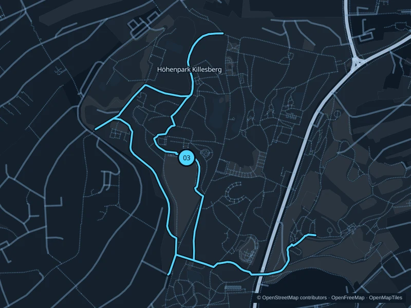 Map of the 3.1 km Höhenpark Killesberg run, with start and finish marked 03.
