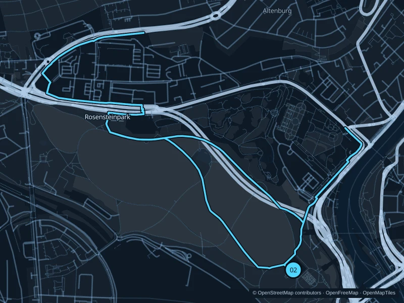 Map of the 6.3 km Rosensteinpark run, with start and finish marked 02.