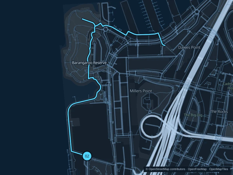 Map of the 2.8 km Barangaroo Reserve run, with start and finish marked 02.