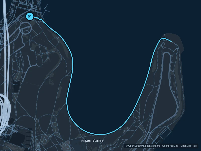 Map of the 2.8 km Royal Botanic Garden foreshore run, with start and finish marked 01.