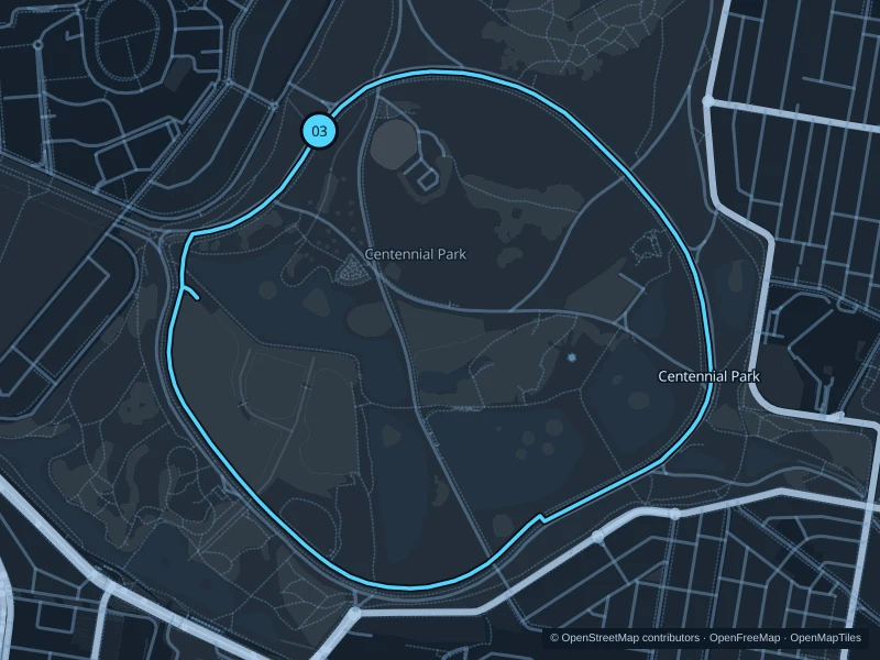Map of the 3.7 km Centennial Park run, with start and finish marked 03.