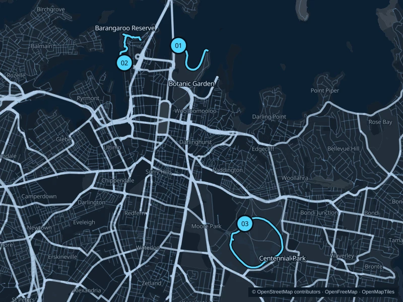 Map of Sydney with three numbered running-route starts.