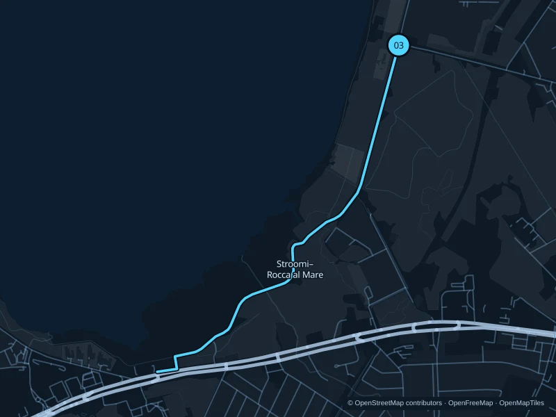 Map of the 4.4 km Stroomi & Rocca al Mare promenade run, with start and finish marked 03.