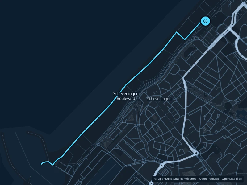 Map of the 4.3 km Scheveningen Boulevard run, with start and finish marked 03.