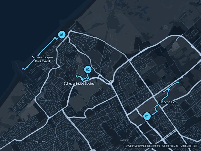 Map of The Hague with three numbered running-route starts.