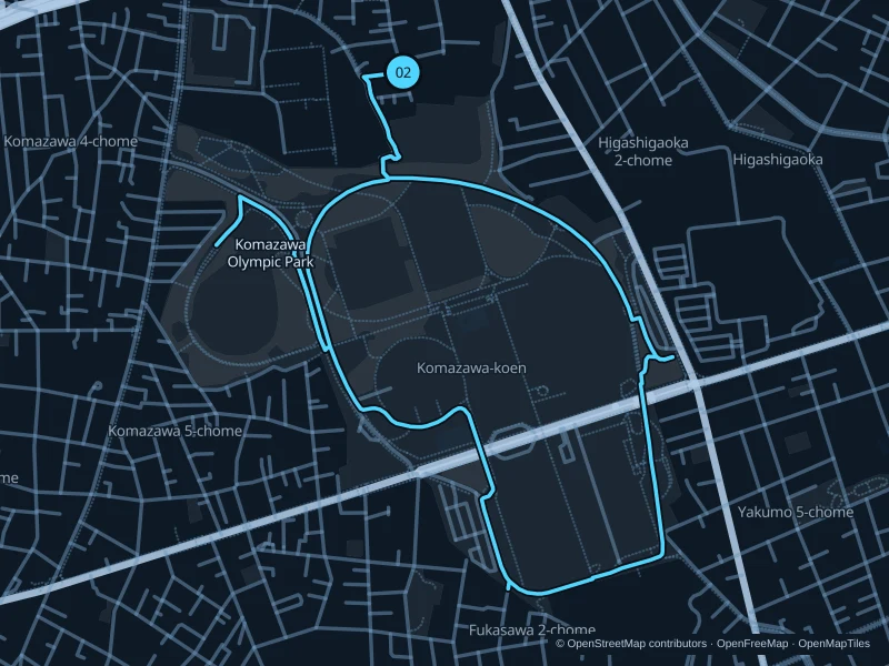 Map of the 3.6 km Komazawa Olympic Park run, with start and finish marked 02.