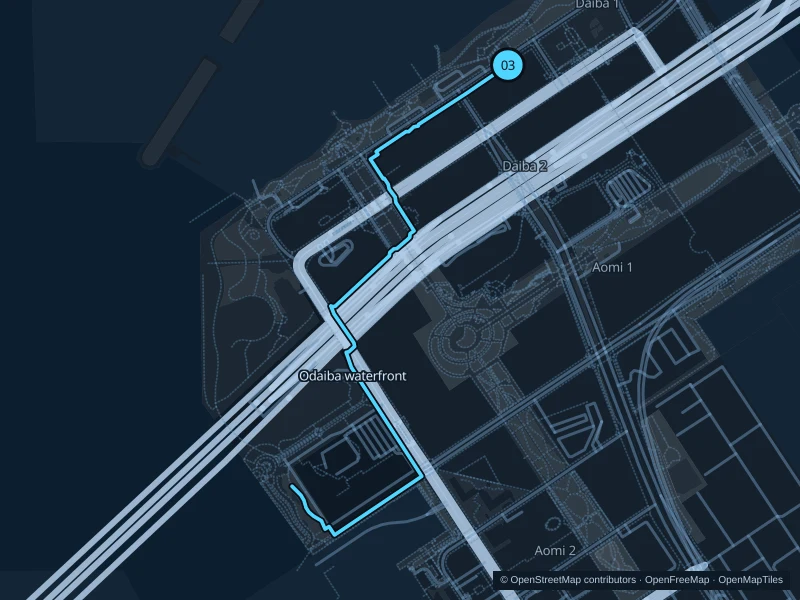Map of the 3.7 km Odaiba waterfront run, with start and finish marked 03.