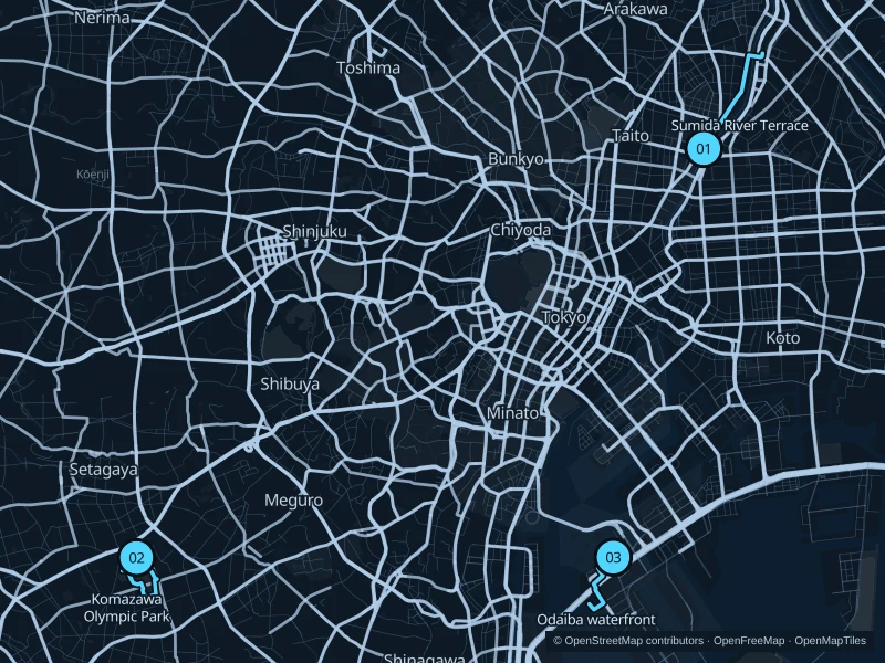 Map of Tokyo with three numbered running-route starts.