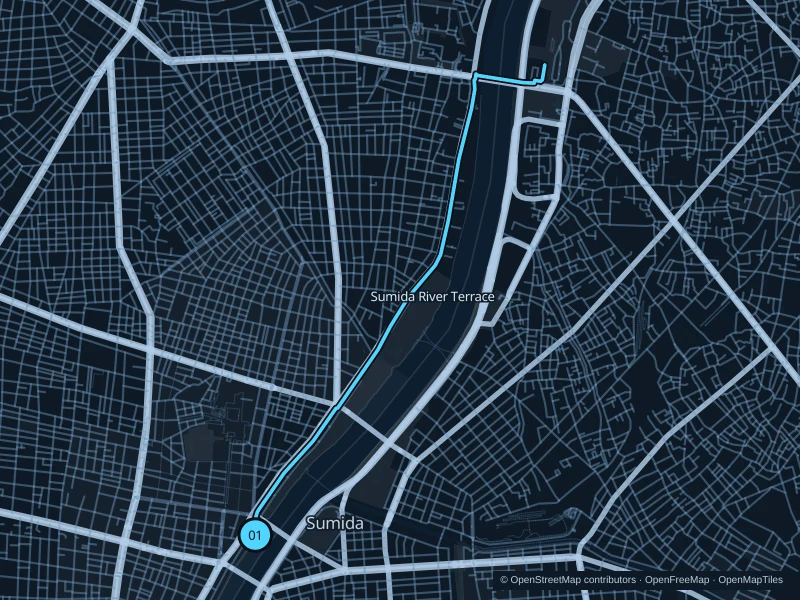 Map of the 5.5 km Sumida River Terrace run, with start and finish marked 01.