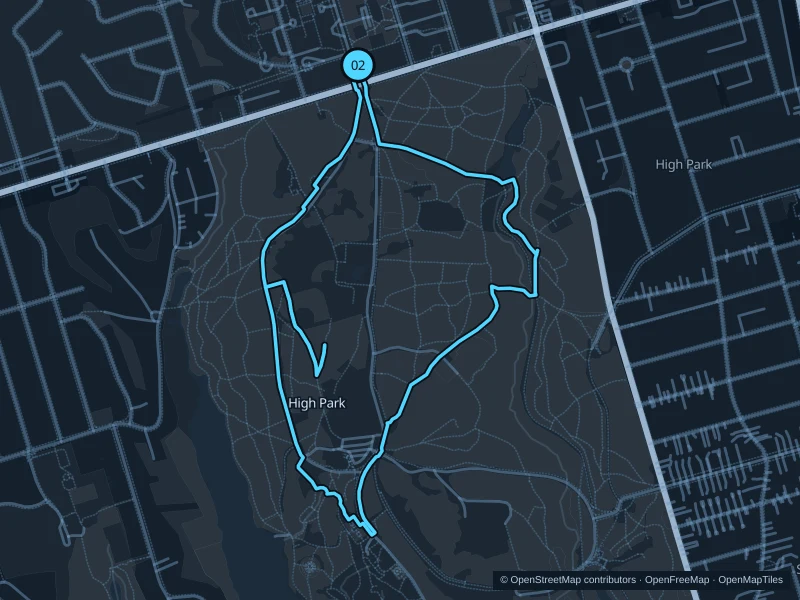 Map of the 3.8 km High Park run, with start and finish marked 02.