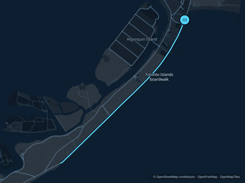 Map of the 2.9 km Toronto Islands boardwalk run, with start and finish marked 03.