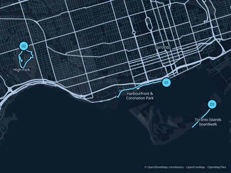 Map of Toronto with three numbered running-route starts.