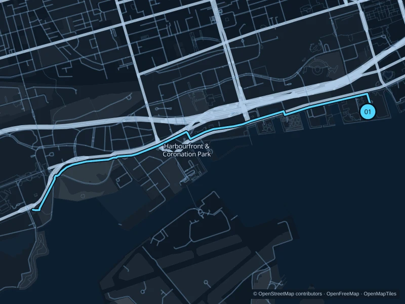 Map of the 5.6 km Harbourfront & Coronation Park run, with start and finish marked 01.