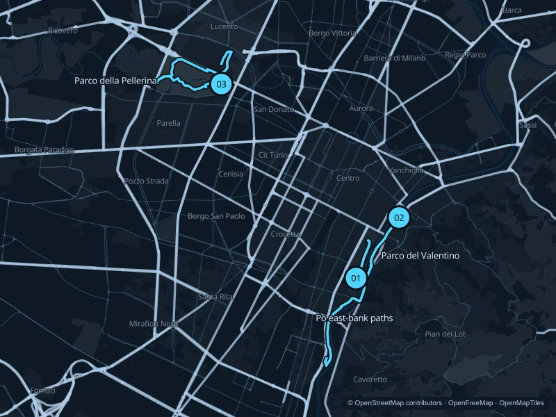 Map of Turin with three numbered running-route starts.