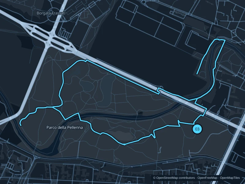 Map of the 6.1 km Parco della Pellerina run, with start and finish marked 03.