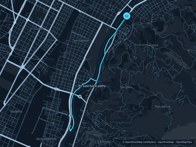 Map of the 8.5 km Po east-bank paths run, with start and finish marked 02.