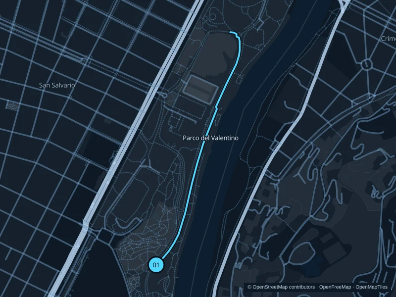 Map of the 1.8 km Parco del Valentino run, with start and finish marked 01.