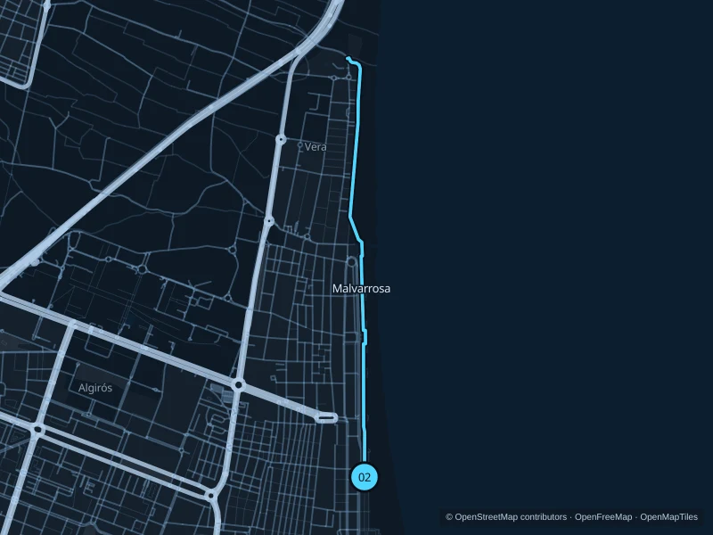 Map of the 5.4 km Cabanyal and Malvarrosa promenade run, with start and finish marked 02.