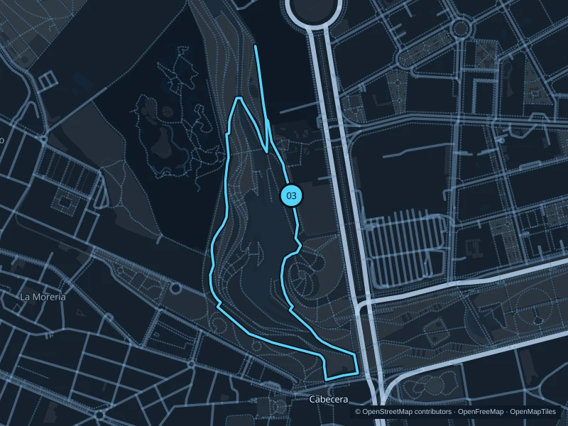 Map of the 2.2 km Parque de Cabecera run, with start and finish marked 03.