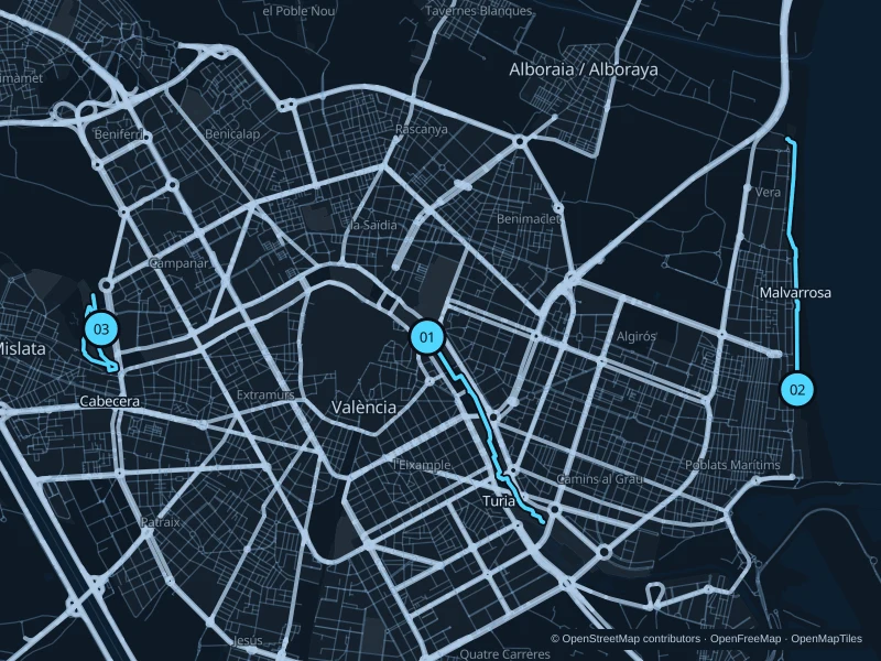 Map of Valencia with three numbered running-route starts.