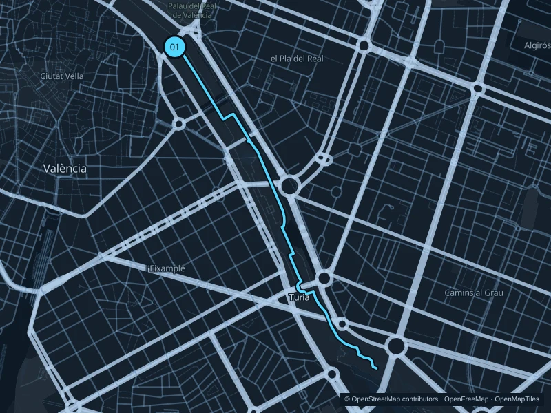 Map of the 5.2 km Jardín del Turia run, with start and finish marked 01.