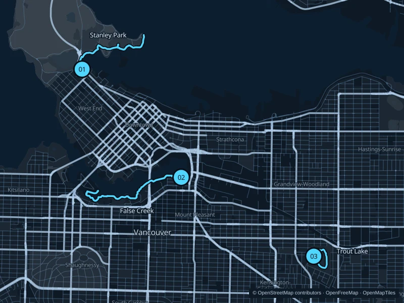 Map of Vancouver with three numbered running-route starts.