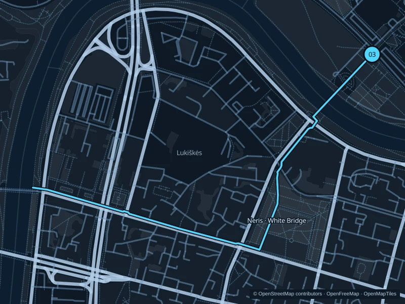 Map of the 2.7 km Neris · White Bridge run, with start and finish marked 03.