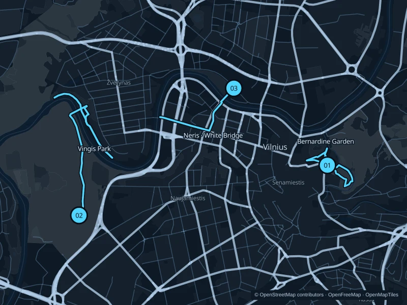 Map of Vilnius with three numbered running-route starts.