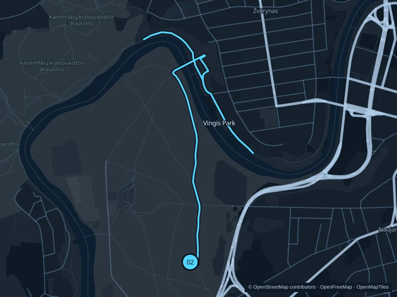 Map of the 7.6 km Vingis Park run, with start and finish marked 02.