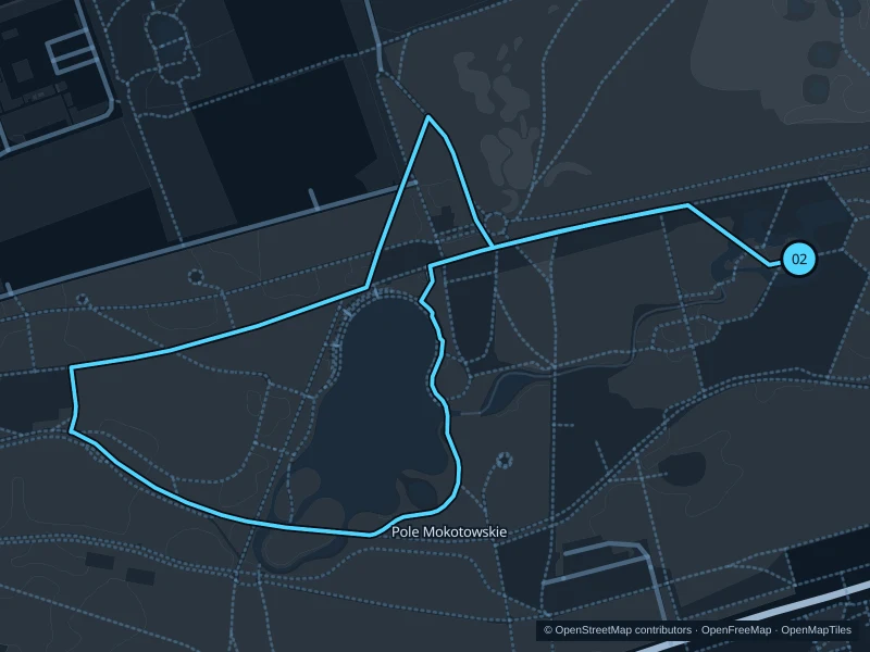 Map of the 3.1 km Pole Mokotowskie · two park circuits run, with start and finish marked 02.