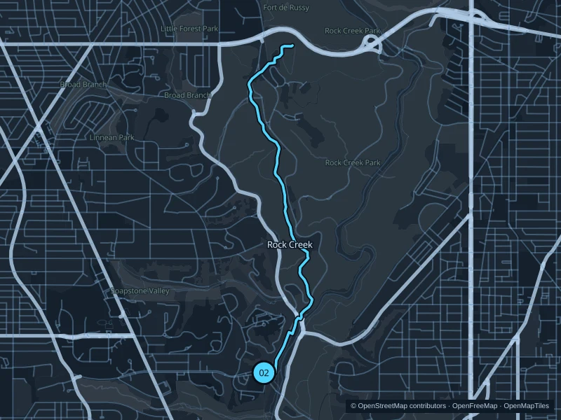 Map of the 5.7 km Rock Creek Western Ridge run, with start and finish marked 02.