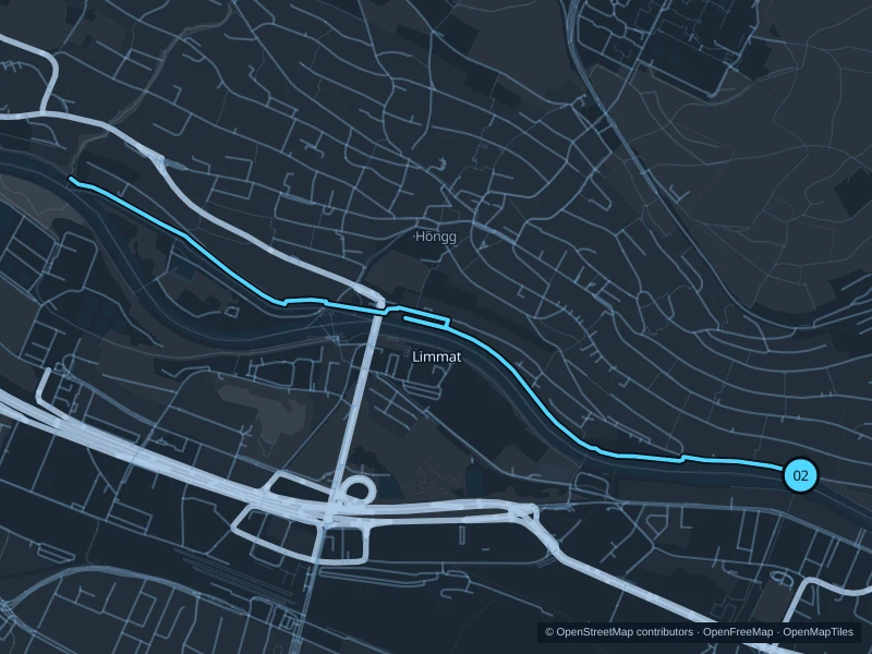 Map of the 6.0 km Limmat · Hardturmsteg to Werdhölzlisteg run, with start and finish marked 02.
